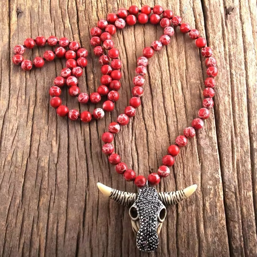 Bohemian Bull Skull Long Knitted Red Natural Stones Necklace
FINE CRAFTMANSHIP - Picture 2 of 4
